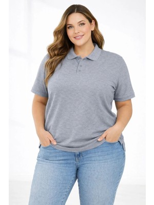 Çamaşır Kenti Kadın Pike Kumaş Düğmeli Yaka Battal Büyük Beden Günlük Kısa Kol Tişört T-Shirt - Gri Mid