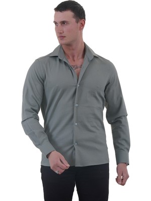 Exve Exclusive Kaktüs Yeşili Soft Yaka Armür Dokulu Rahat Kalıp Elegant Pamuk Dokuma Gömlek