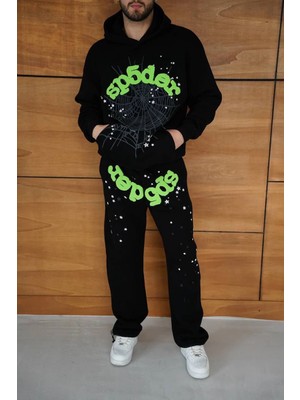 Çamaşır Kenti Kapüşonlu Eşofman Takım Örümcek Ağı ve Neon Yeşil Baskılı Kanguru Cepli Oversize Rahat Ka