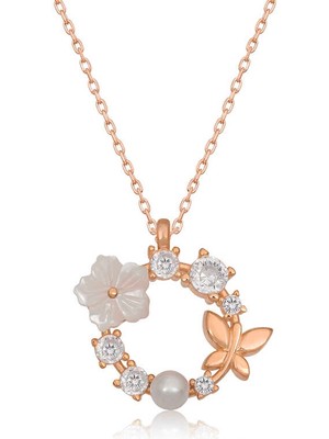 Kenpazar Gümüş Rose Manolya Çiçeği Kelebek Kadın Kolye