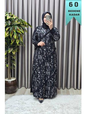 Elmas Tesettür Kadın Giyim Büyük Beden Reglan Kol Önü Fırfırlı Kendinden Desenli Elbise