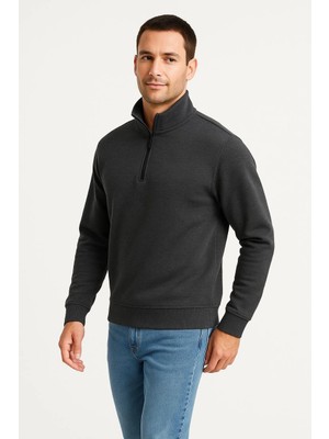Çamaşır Kenti Dik Yaka Sweatshirt Dik Yaka Yarım Fermuarlı 3 Iplik Şardonlu Pamuk Kumaş - Antrasit Midas Wear