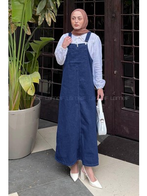 Lamelif Ön Cep Detaylı Denim Salopet Elbise Kar Yıkama