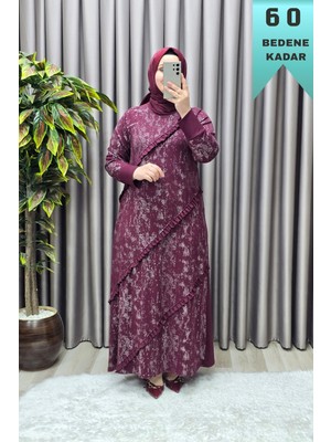 Elmas Tesettür Kadın Giyim Büyük Beden Reglan Kol Önü Fırfırlı Kendinden Desenli Elbise