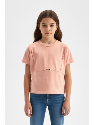 Toontoy Kız Çocuk Dikiş Detaylı Metal Armalı Tişört