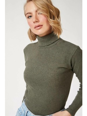 Çamaşır Kenti Kaşkorse Boğazlı Full Likralı Fitilli Body Kazak - Haki Midas Wear