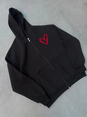 Çamaşır Kenti Üç Iplik Baskılı Fermuarlı Kapüşonlu Hırka - Siyah Midas Wear