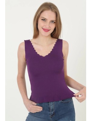 Çamaşır Kenti Kadın V Yaka Fırfır Detay Crop - Mor Midas Wear