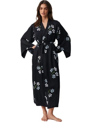 Penye Mood Kadın Siyah Gecelik Sabahlık Takım PM9916