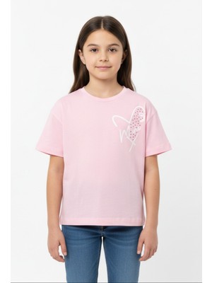 Toontoy Kız Çocuk Fiyonk Tül Detaylı Taşlı Kalp Baskılı Tişört
