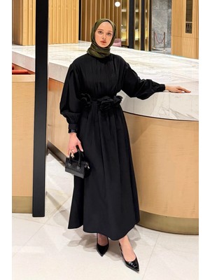 Lamelif Pileli Poplin Elbise Siyah