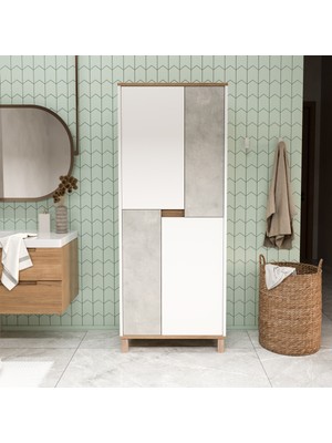 Yurudesign Nord Çok Amaçlı Dolap Mutfak Kiler Erzak Banyo Dolabı 175CM Sepet-Beyaz-Taş ND15-SW