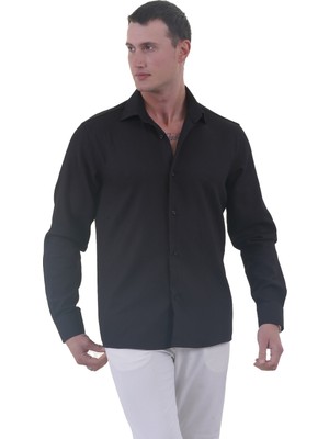Exve Exclusive Siyah Soft Yaka Armür Dokulu Rahat Kalıp Elegant Pamuk Dokuma Gömlek