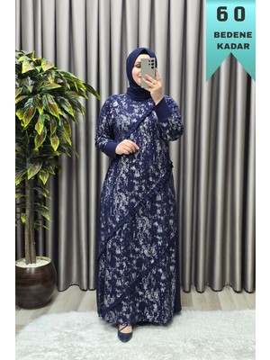 Elmas Tesettür Kadın Giyim Büyük Beden Reglan Kol Önü Fırfırlı Kendinden Desenli Elbise