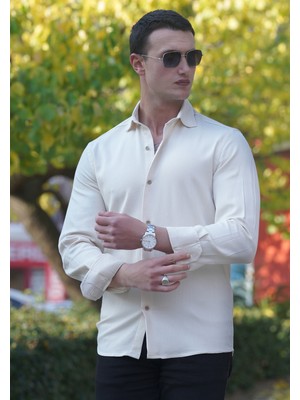 Exve Exclusive Bej Rengi Soft Yaka Armür Dokulu Rahat Kalıp Elegant Pamuk Dokuma Gömlek