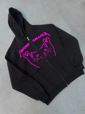 Çamaşır Kenti Kışlık Baskılı Fermuarlı Kapüşonlu Hırka - Siyah Midas Wear