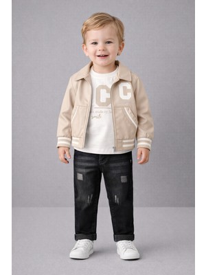 Selvira Erkek Çocuk 3’lü Kombin Set – Suni Deri Ceket, Baskılı Uzun Kollu Tişört ve Siyah Kot Pantolon