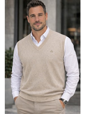 Karaca V Yaka %50 Yün %50 Akrilik Erkek Düz Renk Triko Süveter