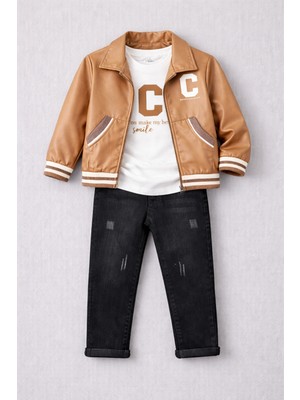 Selvira Erkek Çocuk 3’lü Kombin Set – Suni Deri Ceket, Baskılı Uzun Kollu Tişört ve Siyah Kot Pantolon