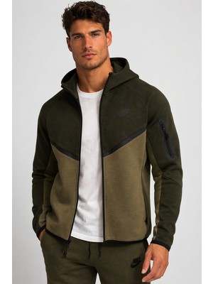 Nike Tech Fleece Full Zip Windrunner Hoodie Kapüşonlu Unisex Sweatshirt Haki
