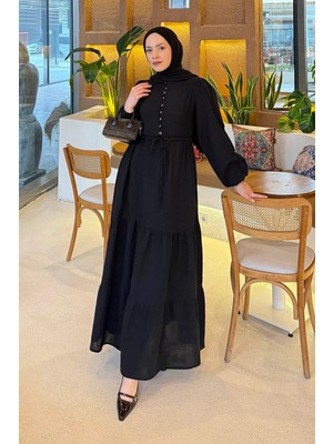 Lamelif Bel Büzgülü Tesettür Elbise Siyah