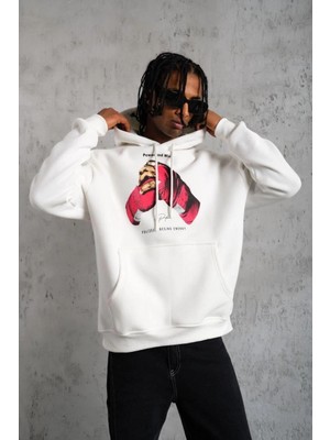 Çamaşır Kenti Eldiven Baskılı Kapüşonlu Sweat - Beyaz Midas Wear