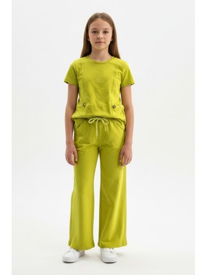 Toontoy Kız Çocuk 2'li Bel Stoper Lastik Detaylı Nakışlı Eşofman Takım