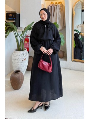 Lamelif Balon Kol Bağlamalı Tesettür Elbise Siyah