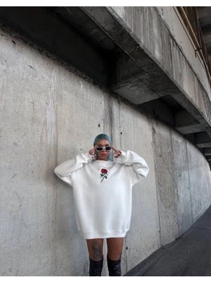 Çamaşır Kenti Oversize Üç Iplik Bisiklet Yaka Baskılı Sweatshirt - Beyaz Midas Wear