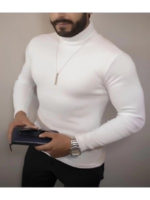 Çamaşır Kenti Kaşkorse Boğazlı Full Likralı Fitilli Body Kazak - Beyaz Midas Wear