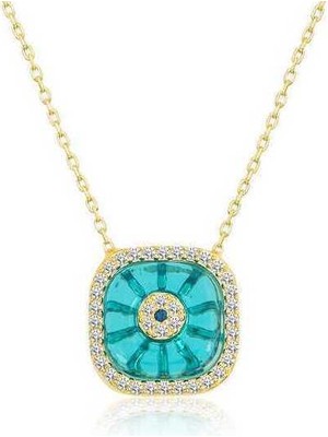 Kenpazar Gümüş Gold Kare Camgöz Nazar Bayan Kolye