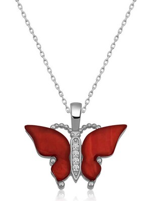 Kenpazar Gümüş Kırmızı Kaplangözü Taşlı Kelebek Kolye
