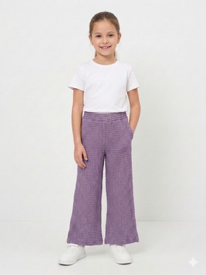 İncili Kız Çocuk Siyah Geniş Paça Bubble Dokulu Cepli Pantolon - Rahat Kesim Tek Alt