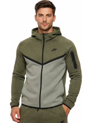 Nike Tech Fleece Full Zip Windrunner Hoodie Kapüşonlu Unisex Sweatshirt Haki Yeşil
