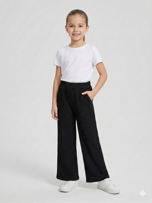 İncili Kız Çocuk Siyah Geniş Paça Bubble Dokulu Cepli Pantolon - Rahat Kesim Tek Alt