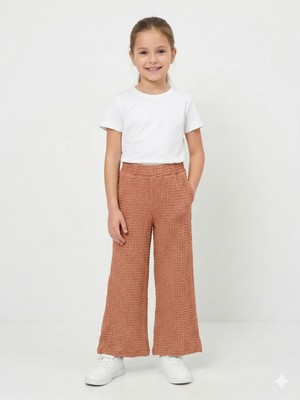 İncili Kız Çocuk Siyah Geniş Paça Bubble Dokulu Cepli Pantolon - Rahat Kesim Tek Alt