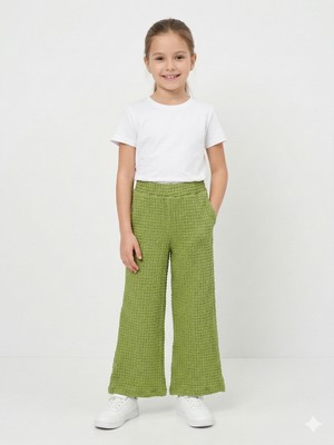 İncili Kız Çocuk Siyah Geniş Paça Bubble Dokulu Cepli Pantolon - Rahat Kesim Tek Alt