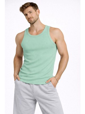 Çamaşır Kenti Erkek Fitilli Atlet Sıfır Yaka Slim Fit Arka Baskılı Spor Atlet - Mint Yeşili Midas Wear