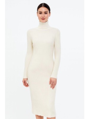 Çamaşır Kenti Boğazlı Triko Elbise - Beyaz Midas Wear