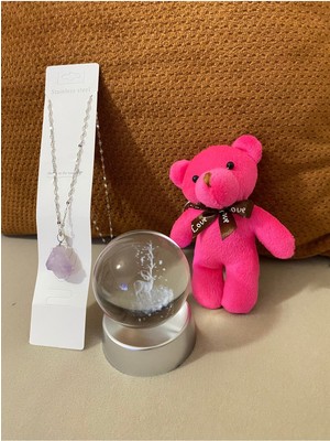 C&On Design "sevgi ve Enerji Seti – Doğal Taş Kolye, Kristal Küre ve Peluş Ayıcık Anahtarlık Hediyelik Set"