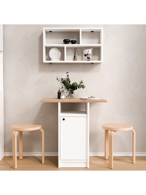 Yurudesign Nord Mutfak Masası Yemek Masası Dolaplı Raflı Sepet-Beyaz ND17-SW