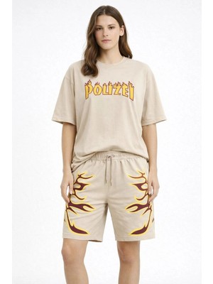 Çamaşır Kenti Kadın Bej Oversize Baskılı Tişört Şort Takım Cepli Şort Yazlık Rahat Günlük Kombin - Bej