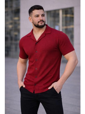 Çamaşır Kenti Erkek Waffle Kumaş Kısa Kollu Düğmeli Açık Yaka Regular Fit Gömlek - Kırmızı Midas Wear