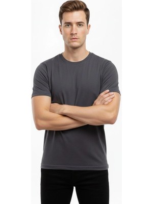 Çamaşır Kenti Erkek Bisiklet Yaka Slim Fit Dar Kesim Likralı Tişört - Füme Midas Wear