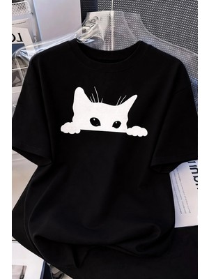 Çamaşır Kenti Kadınlar Için Siyah Kedi Grafik Tişört - Oversize Kısa Kollu Üst Nefes Alabilir - Siyah Midas