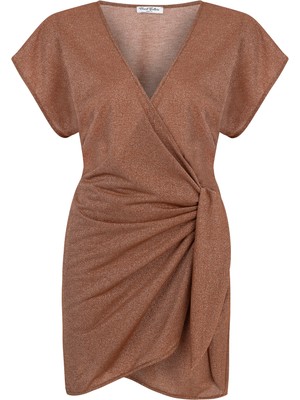 Aquella Yandan Bağlamalı Simli Oranj Kruvaze Kısa Elbise