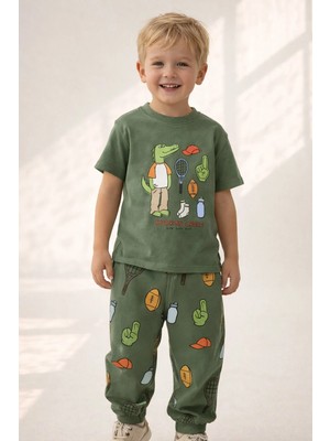 Monila Erkek Çocuk Pamuklu Yeşil Timsah Baskılı T-Shirt ve Baskılı Eşofman Altı 2'li Takım
