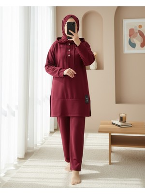 Modamorfo Çıtçıtlı  Arma Detaylı Ikili Penye Takım  -Bordo