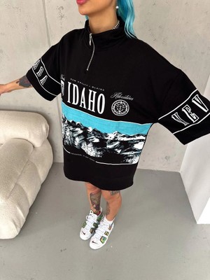Çamaşır Kenti Baskılı Yarım Fermuarlı T-Shirt - Siyah Midas Wear