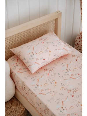 Tek Kişilik, Çocuk Lastikli Çarşaf Takımı, %100 Pamuk Saten - Pink Unicorn